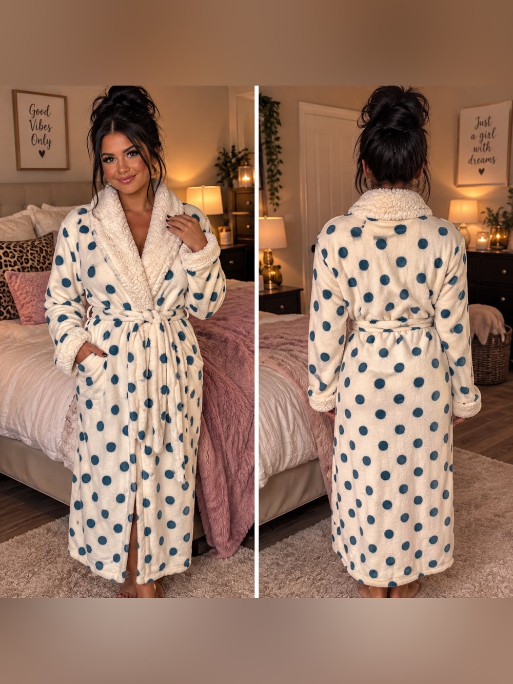 Joyspun Cozy Plush Polka Dot Robe - Cream with Blue Dots